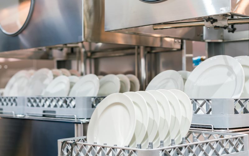 Cleaned dishes in a restaurant kitchen